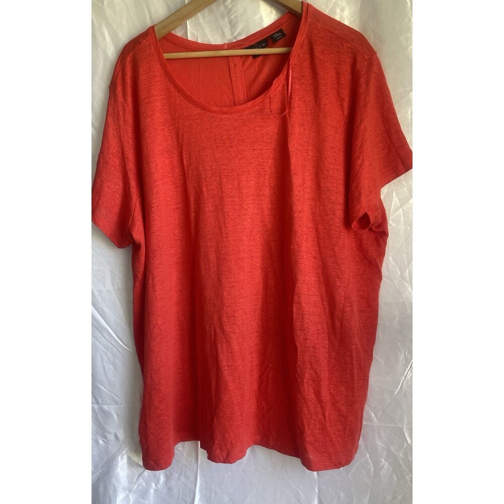 Tahari  Women 100% Linen 2X Blouse Coral Red Scoop Neck Button Back Short Sleeve